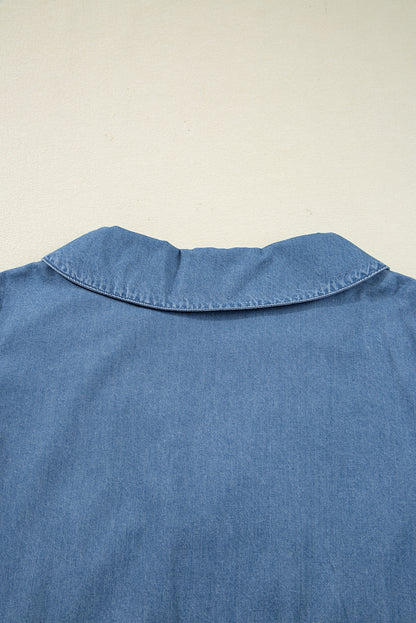 Dusk Blue Denim Lapel Neck Balloon Sleeve Tied Peplum Top
