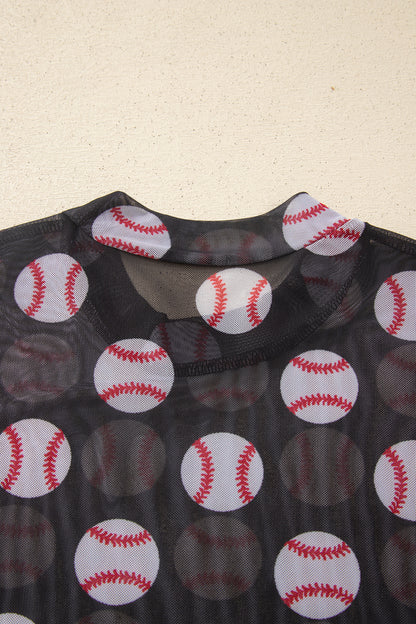 Black Baseball Game Day Sheer Mesh Long Sleeve Top