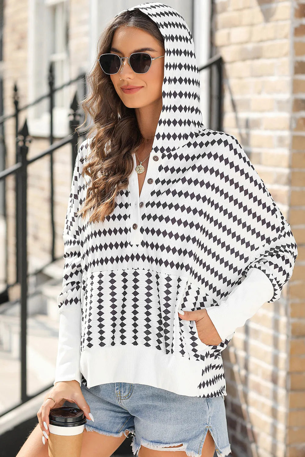 Black Stripe Argyle Striped Half Button Oversized Hoodie - Chic Meadow Boutique 