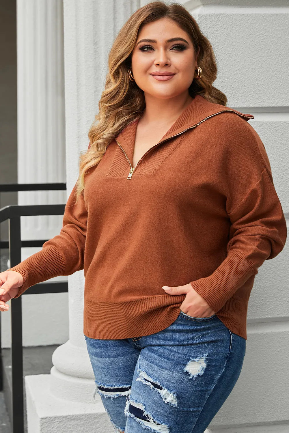 Brown Solid Ribbed Trim Plus Size Zip Collar Sweater - Chic Meadow Boutique 