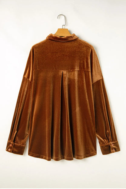 Chestnut Plus Size Velvet Chest Pocket Drop Shoulder Shirt - Chic Meadow Boutique 