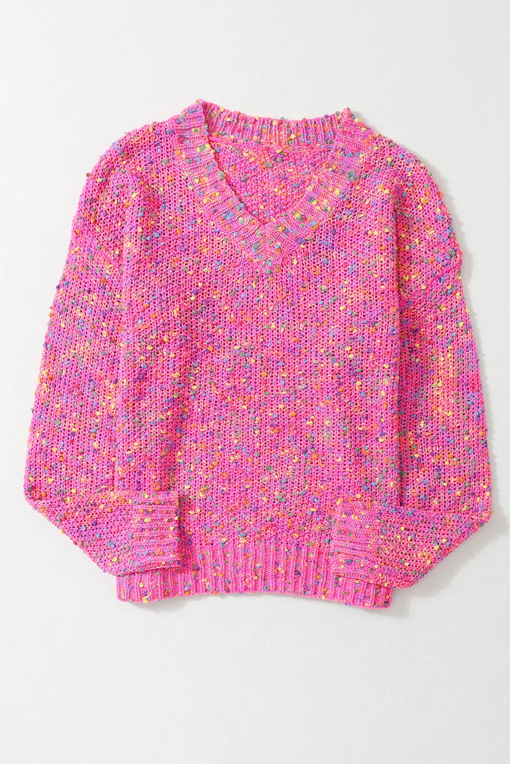 Dark Pink Colorful Spots Knitted V Neck Casual Sweater - Chic Meadow Boutique 