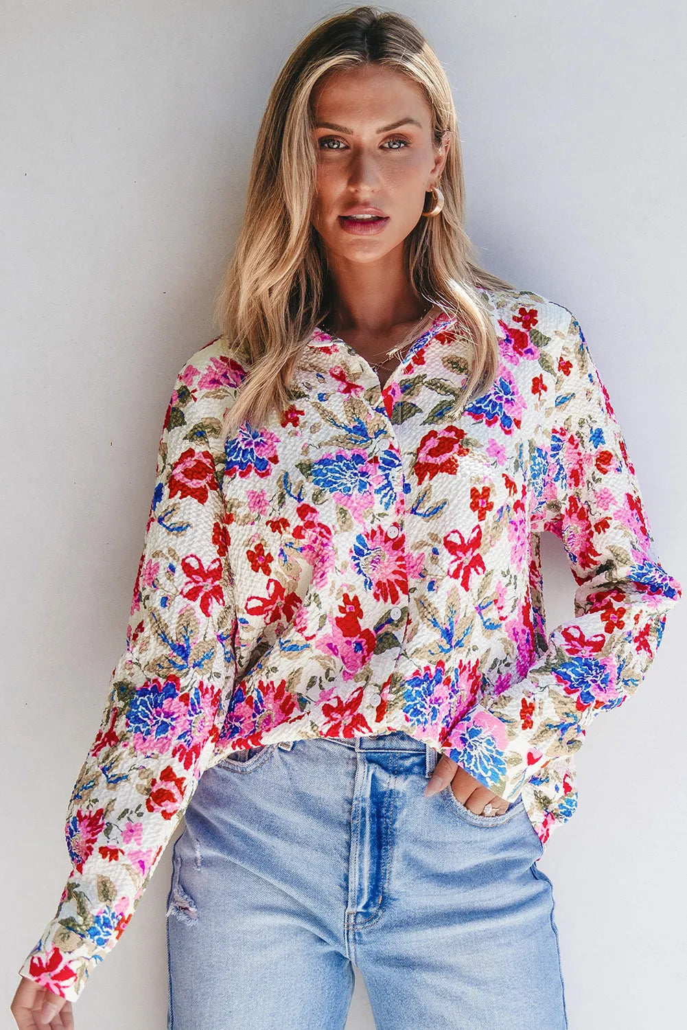 Red Floral Print Slim Fit Buttoned Turn Down Collar Shirt - Chic Meadow Boutique 