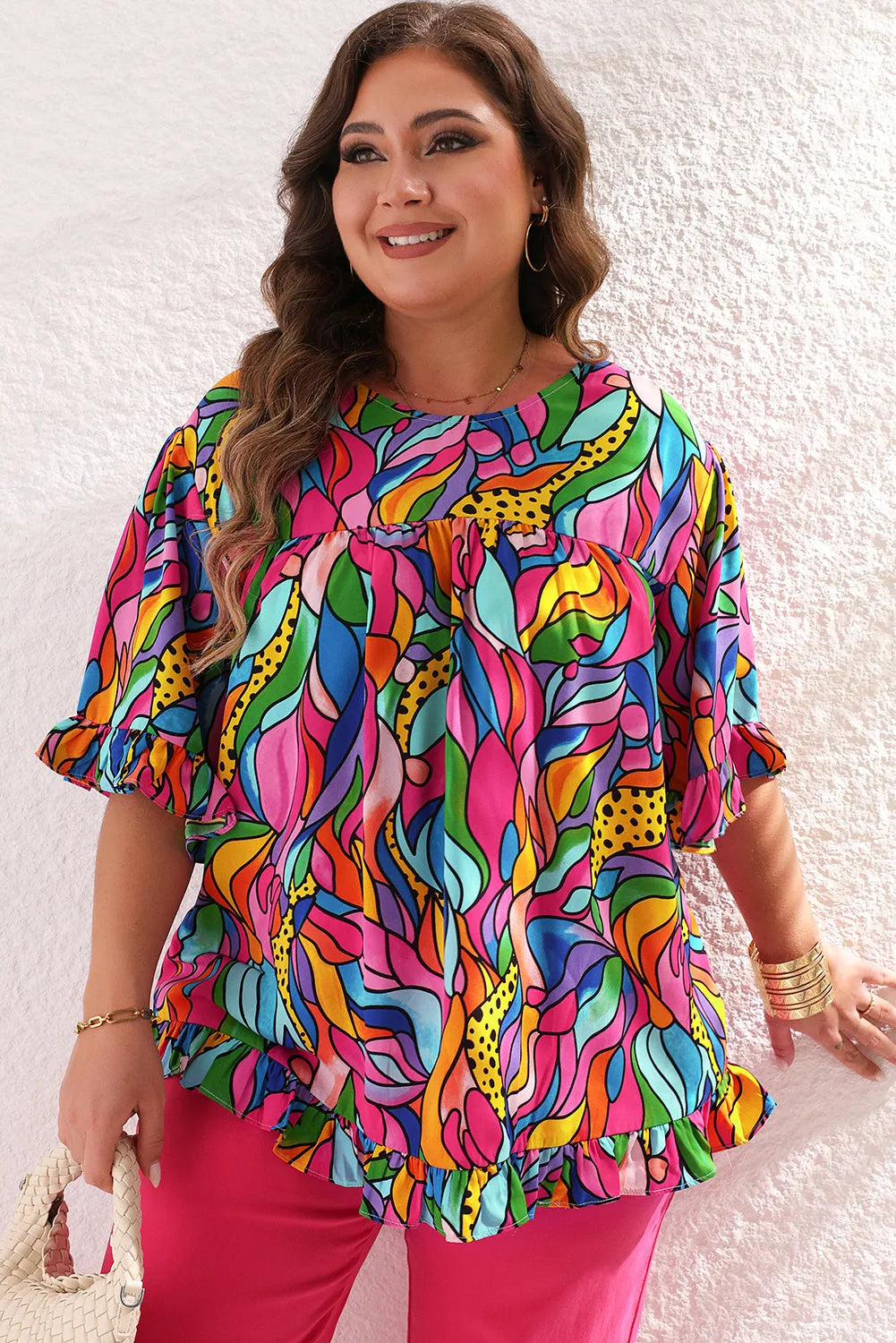 Rose Abstract Print Plus Size Frilly Trim Blouse - Chic Meadow Boutique 