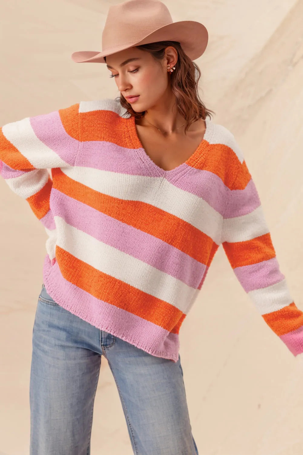 Orange Stripe Colorblock V Neck Casual Sweater - Chic Meadow Boutique 