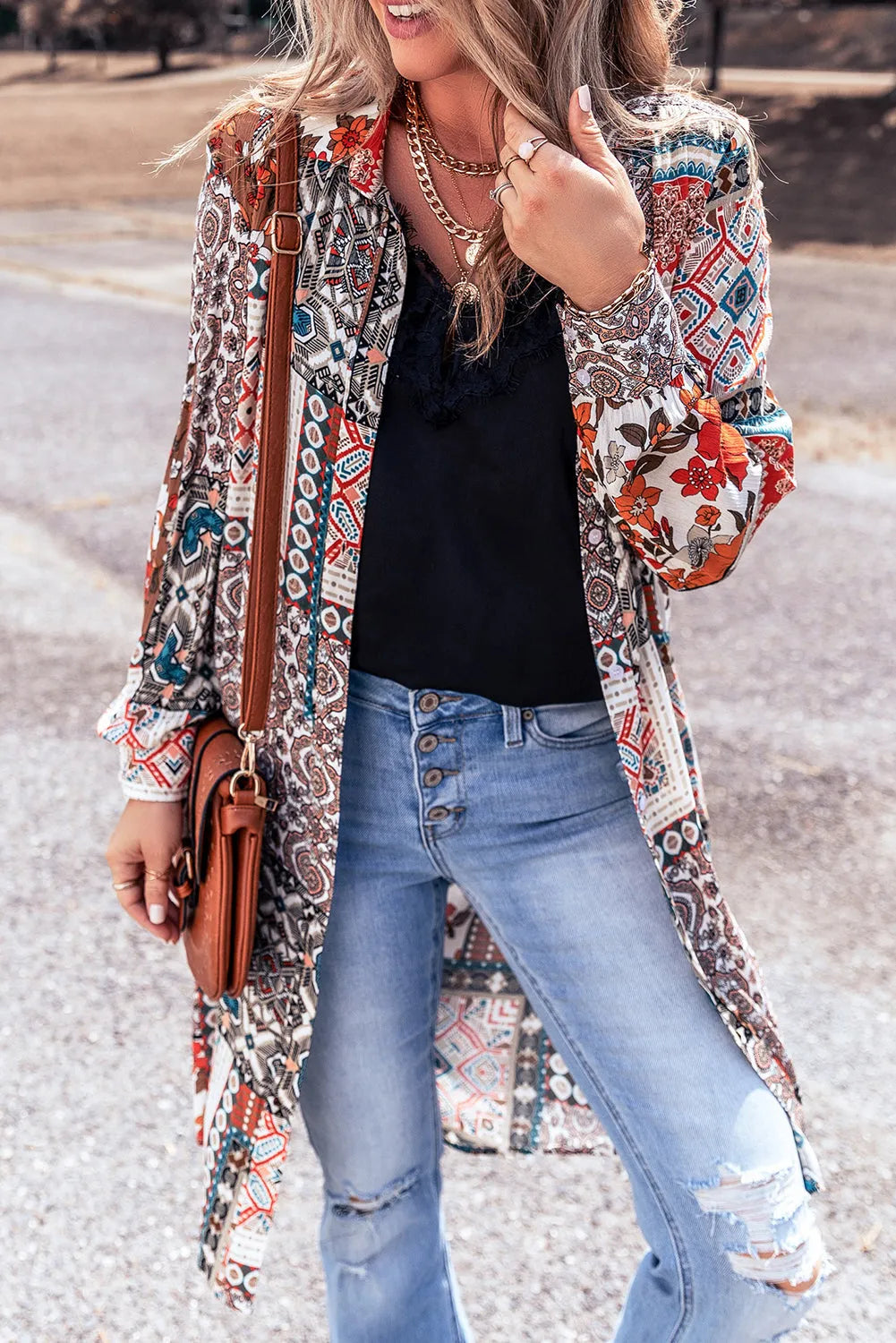 Multicolour Boho Mix Print Long Kimono - Chic Meadow Boutique 