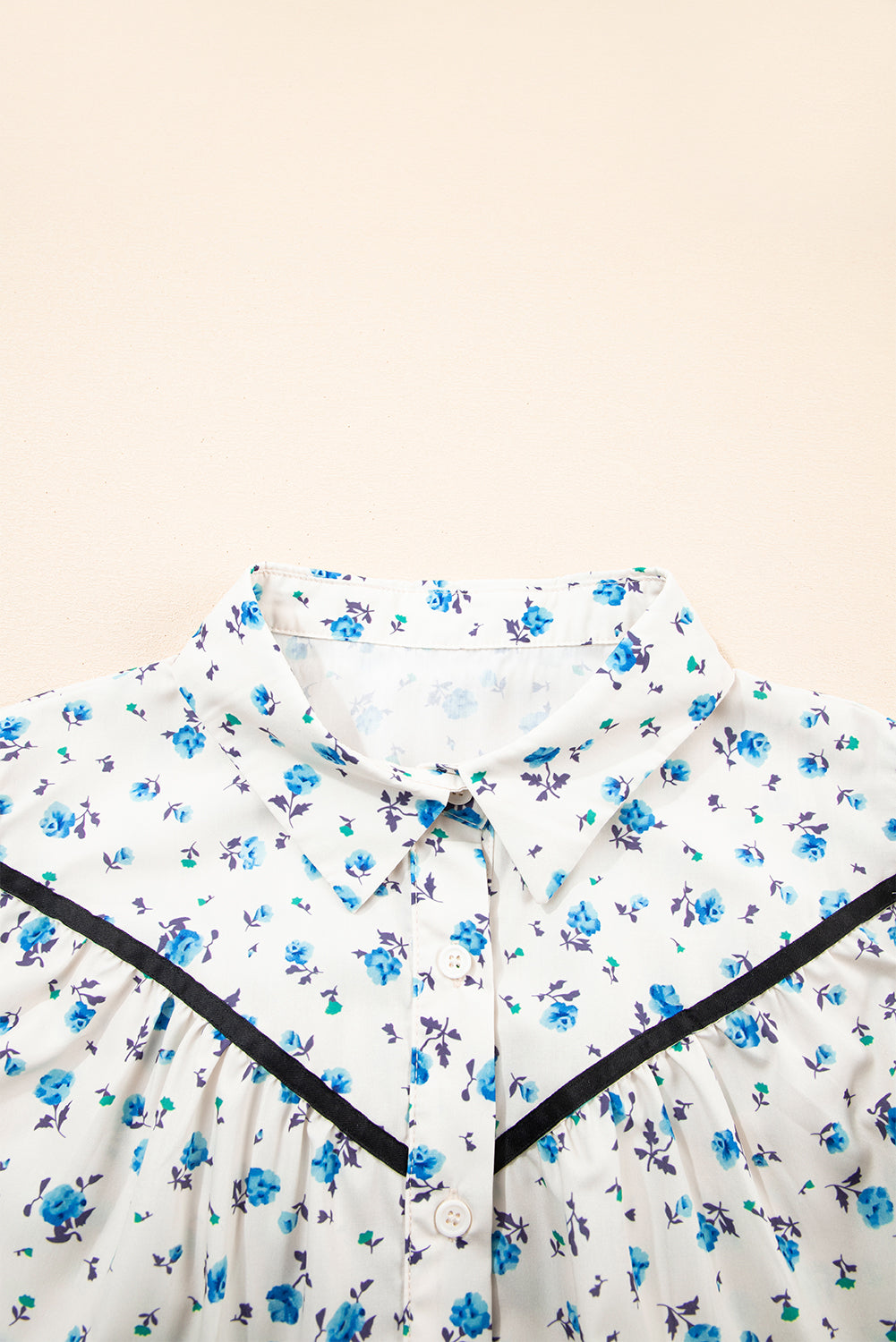 White Contrast Trim Floral Puff Short Sleeve Shirt