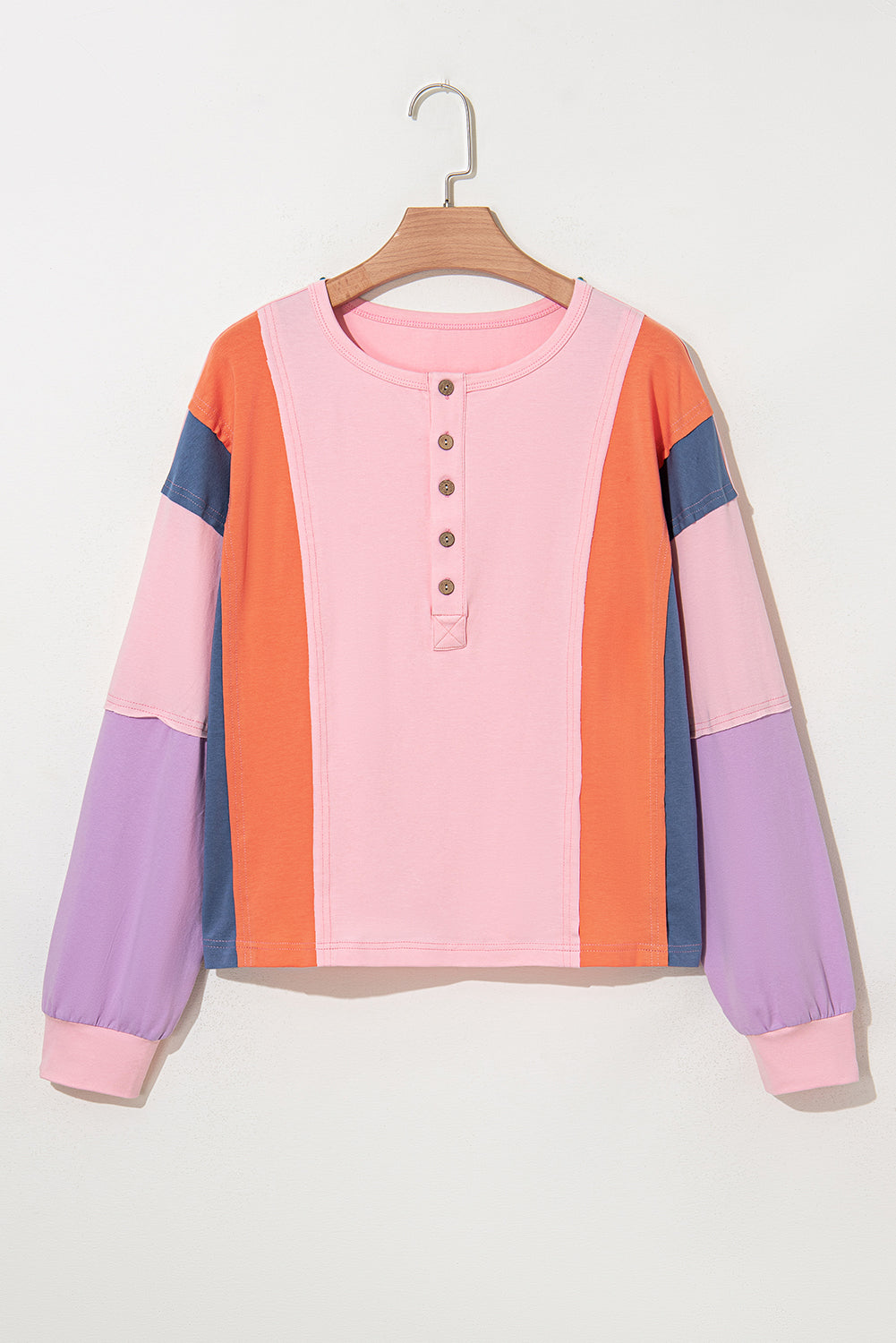 Pink Colorblock Long Sleeve Buttons Henley Top