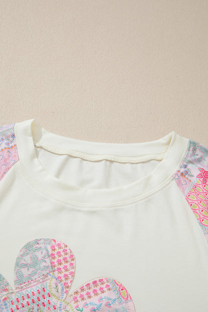 Beige Color Block Retro Floral Patchwork Long Sleeve Top