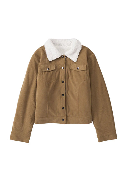 Khaki Corduroy Sherpa Snap Button Flap Jacket - Chic Meadow Boutique 