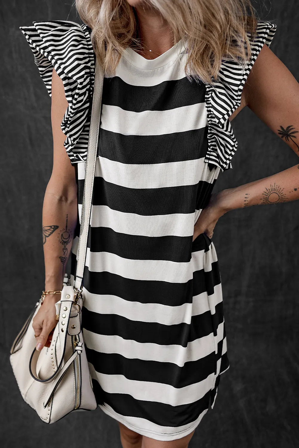 Black Stripe Contrast Ruffled Sleeve T-shirt Dress - Chic Meadow Boutique 