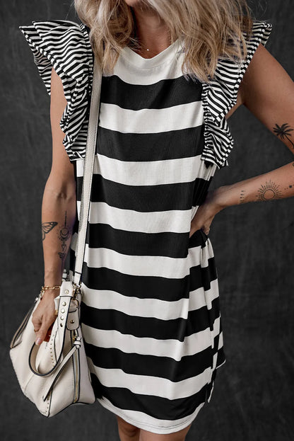 Black Stripe Contrast Ruffled Sleeve T-shirt Dress - Chic Meadow Boutique 