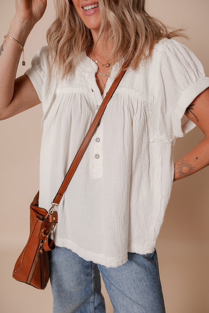 White Textured Short Sleeve Buttons Frayed Blouse