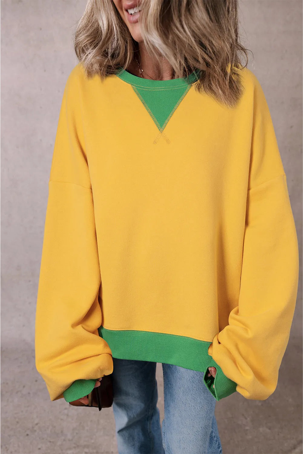 Ginger Color Block Patch Drop Shoulder Oversized Sweatshirt - Chic Meadow Boutique 