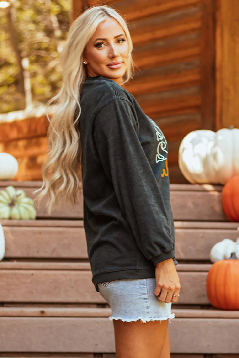 Dark Grey Halloween Pumpkin Spice Baby Graphic Textured Sweatshirt - Chic Meadow Boutique 