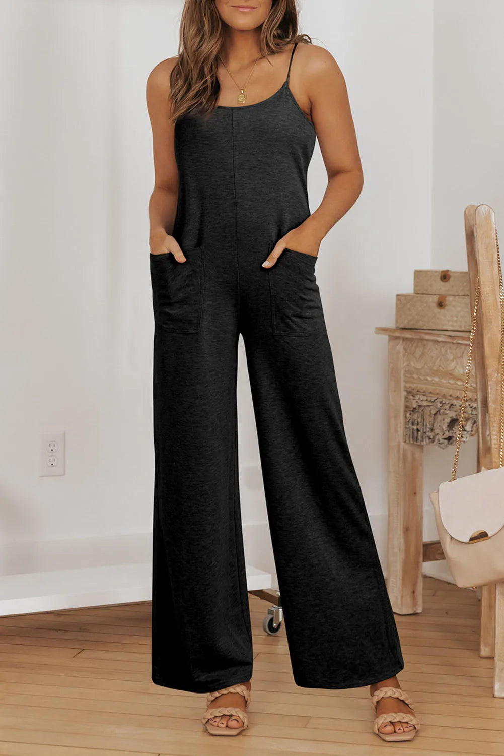 Black Patch Pockets Spaghetti Strap Wide Leg Jumpsuit - Chic Meadow Boutique 