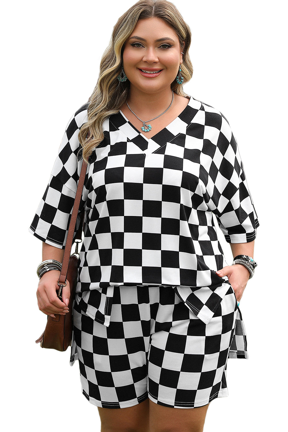 Black Checkered Pattern Tee and Shorts Plus Size Two Piece Set