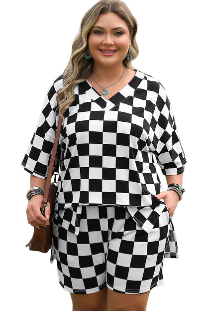 Black Checkered Pattern Tee and Shorts Plus Size Two Piece Set