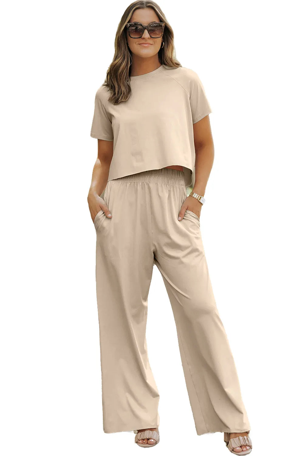 White Raw Hem Loose Tee and Wide Leg Pants Set - Chic Meadow Boutique 