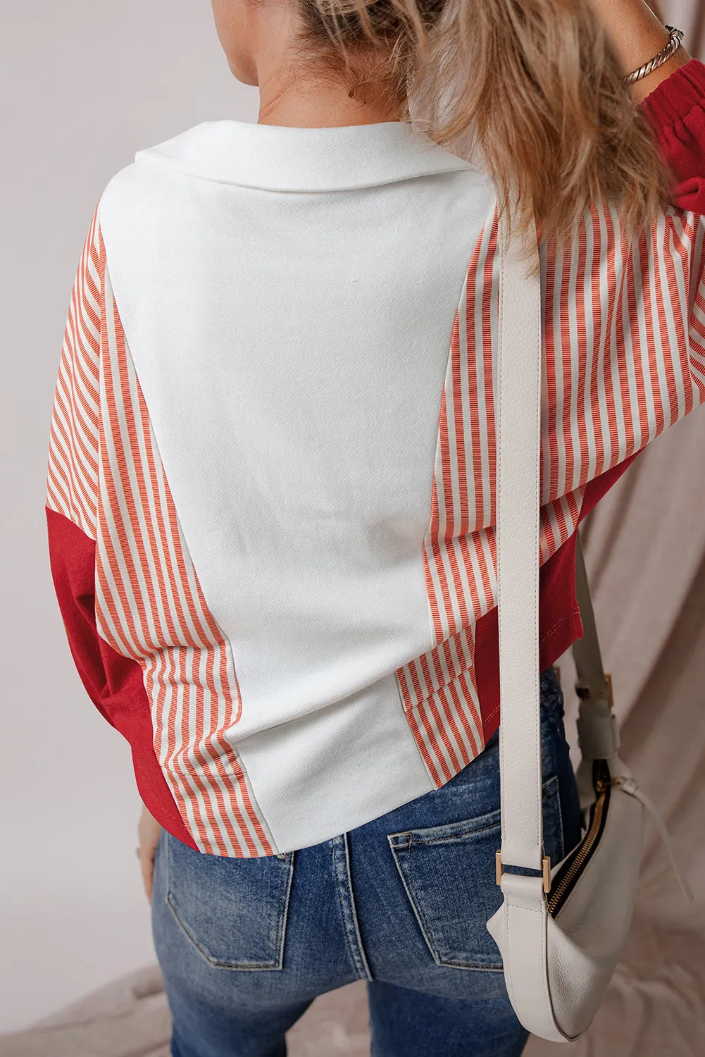 White Striped Color Block Collared V Neck Oversized Sweatshirt - Chic Meadow Boutique 