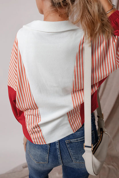 White Striped Color Block Collared V Neck Oversized Sweatshirt - Chic Meadow Boutique 