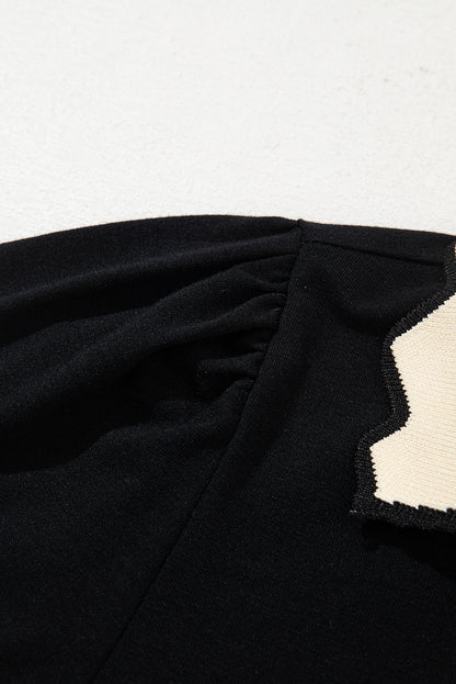 Black Color Contrast Collared V Neck Puff Sleeve Blouse