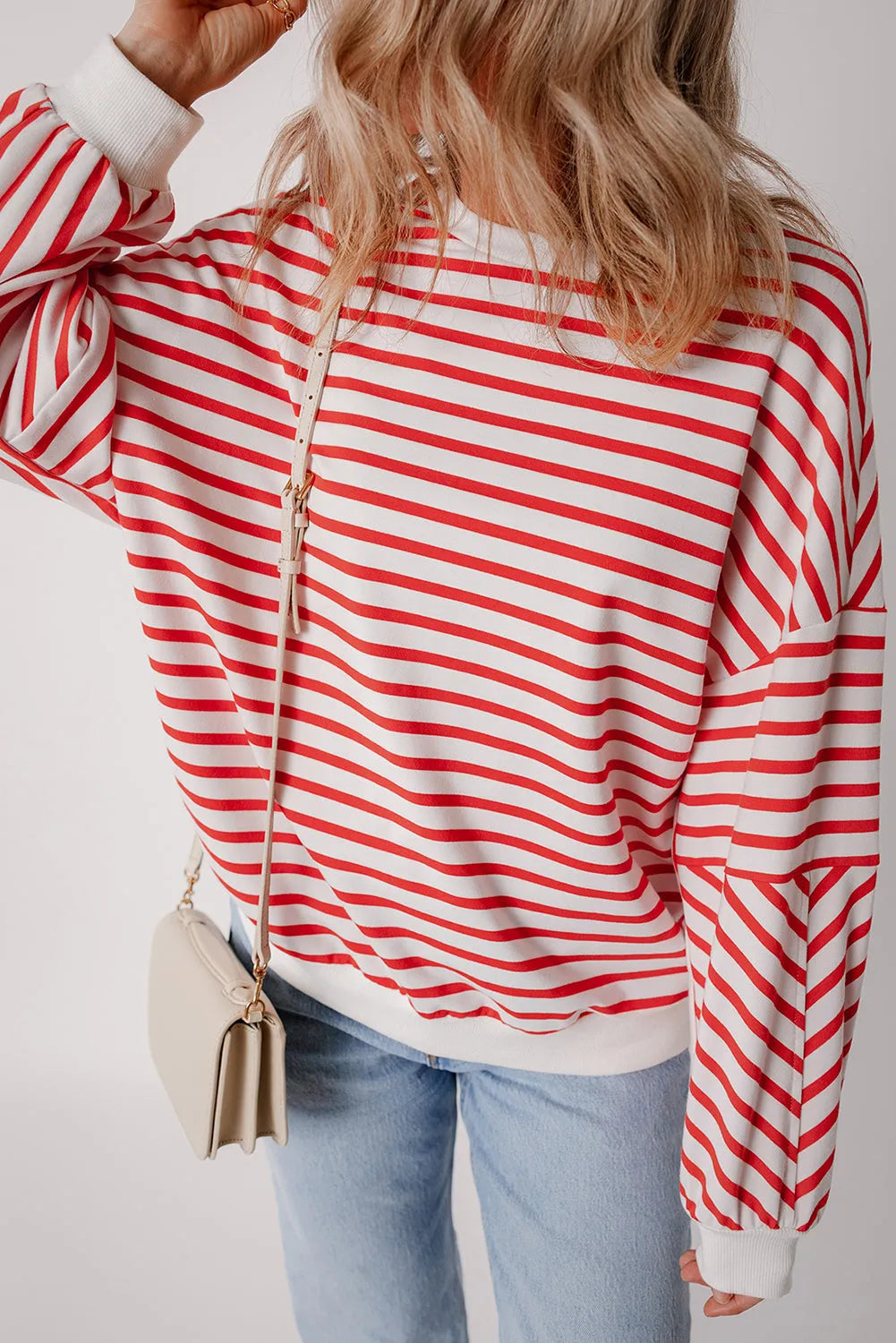 Orange Stripe Drop Shoulder Crew Neck Loose Sweatshirt - Chic Meadow Boutique 