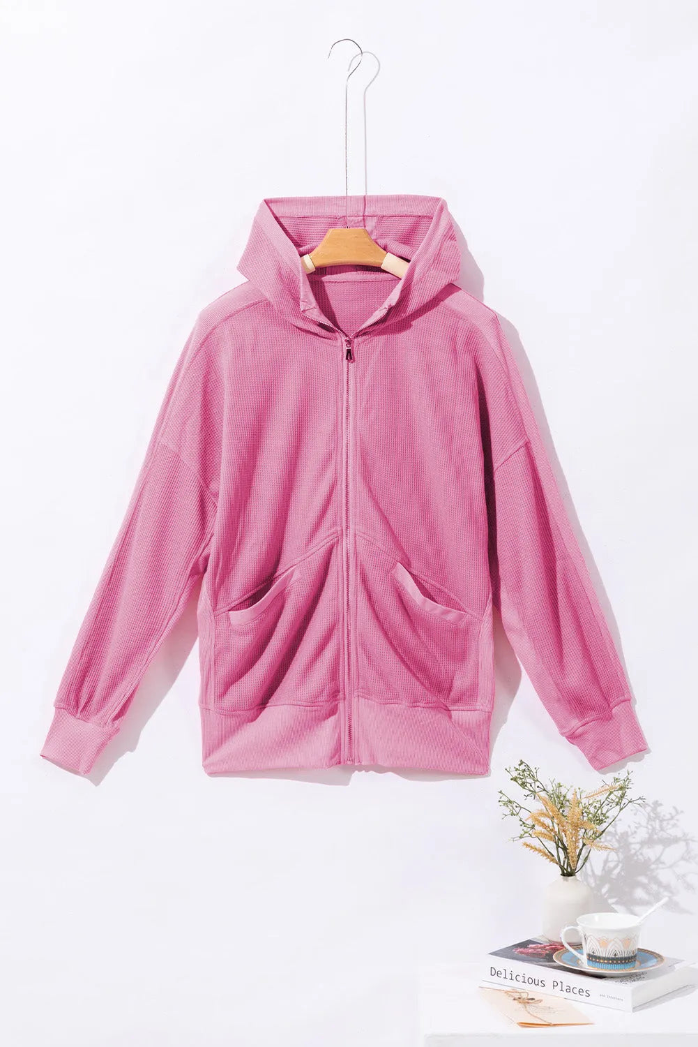 Rose Thermal Waffle Knit Full Zipper Hooded Jacket - Chic Meadow Boutique 