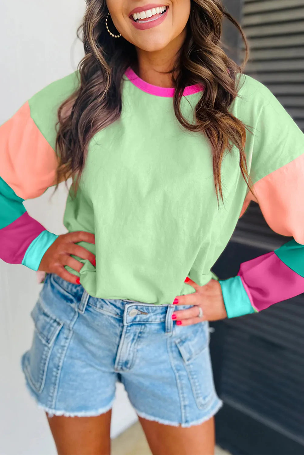 Green Colorblock Patchwork Long Sleeve Loose Top - Chic Meadow Boutique 