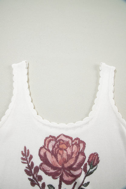 White Retro Floral Print Scalloped Square Neck Knit Sweater Vest
