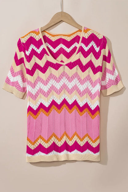 Pink Stripe Chevron Pointelle Knit V Neck Short Sleeve Sweater - Chic Meadow Boutique 