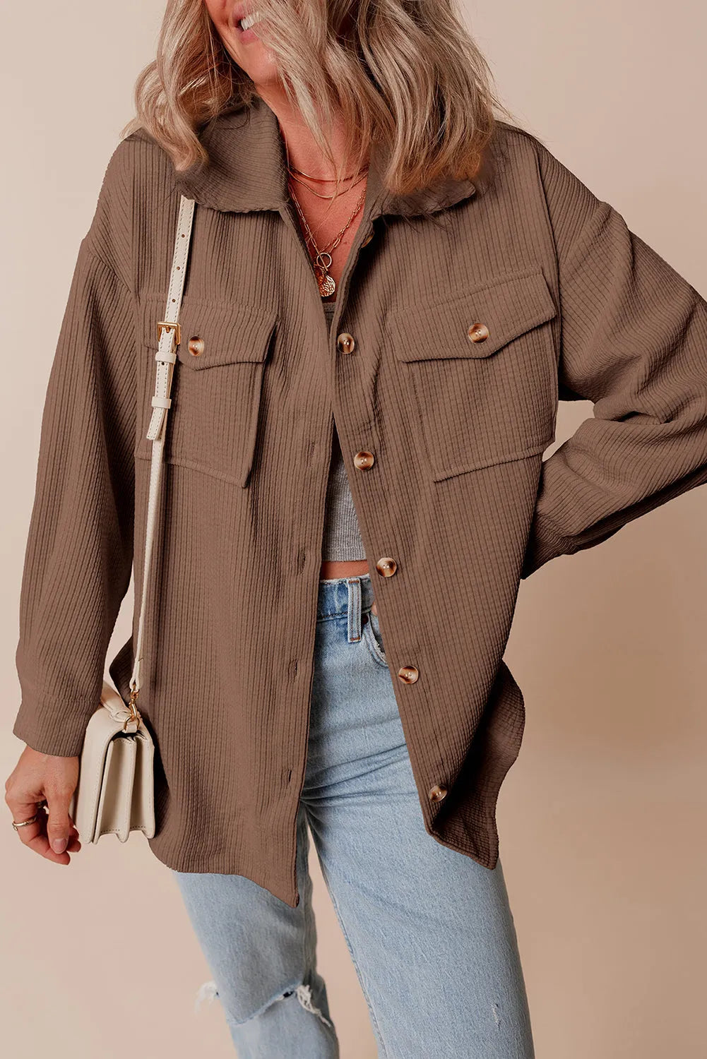 Chestnut Corduroy Flap Pocket Button Up Shacket - Chic Meadow Boutique 