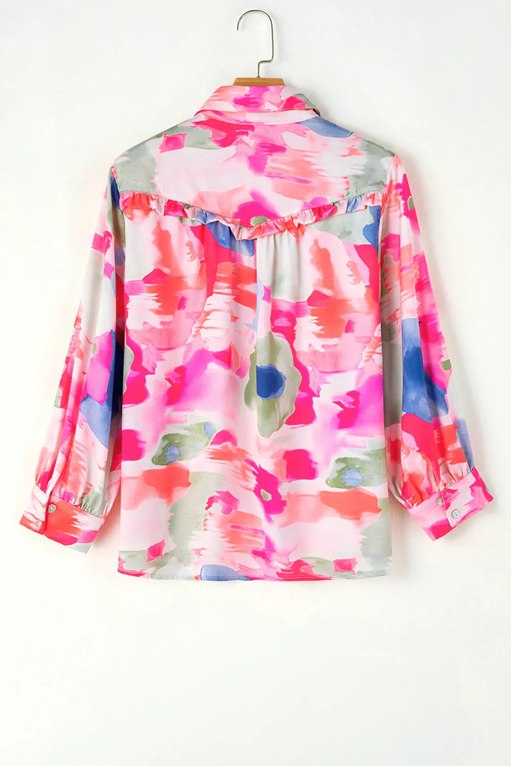 Multicolour Abstract Printed Lantern Sleeve Frilled Button Front Collared Shirt - Chic Meadow Boutique 