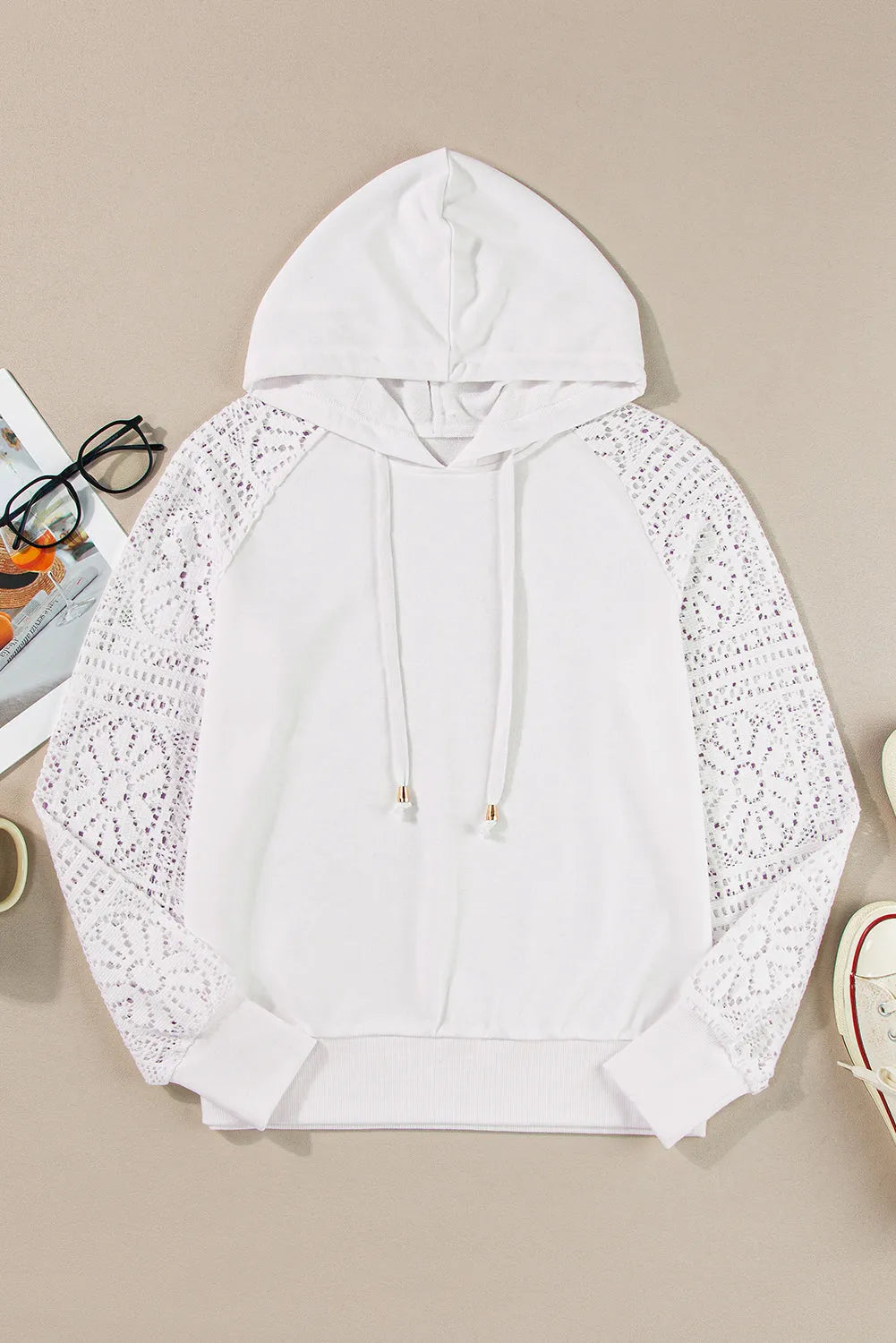 White Lace Patchwork Sleeve Drawstring Hoodie - Chic Meadow Boutique 