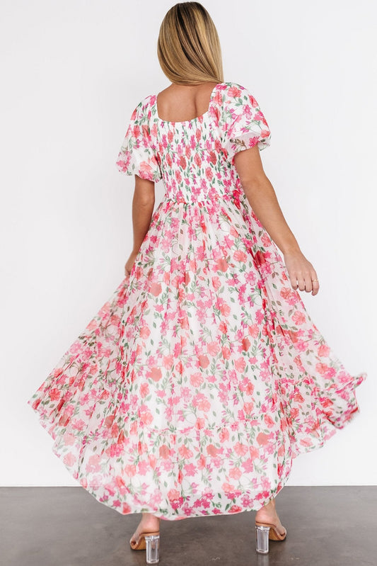 Pink Plus Size Floral Square Neck Puff Sleeve Ruffle Maxi Dress