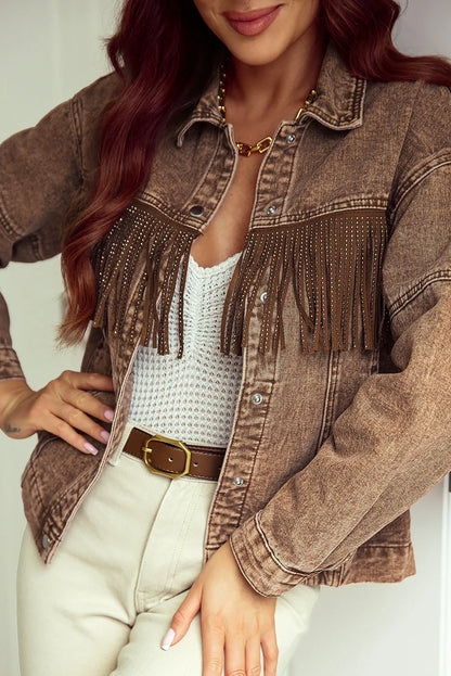 Brown Rhinestone Fringed Cowgirl Fashion Denim Jacket - Chic Meadow Boutique 