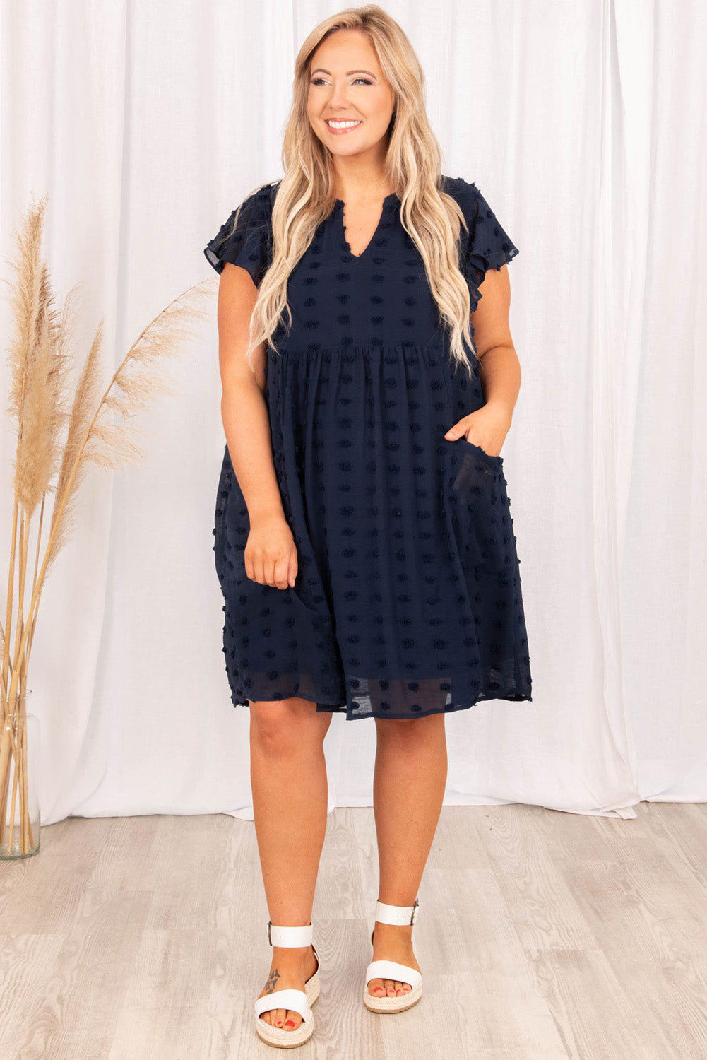 Navy Blue Dotty Textured Notched Neck Plus Ruffled Dress