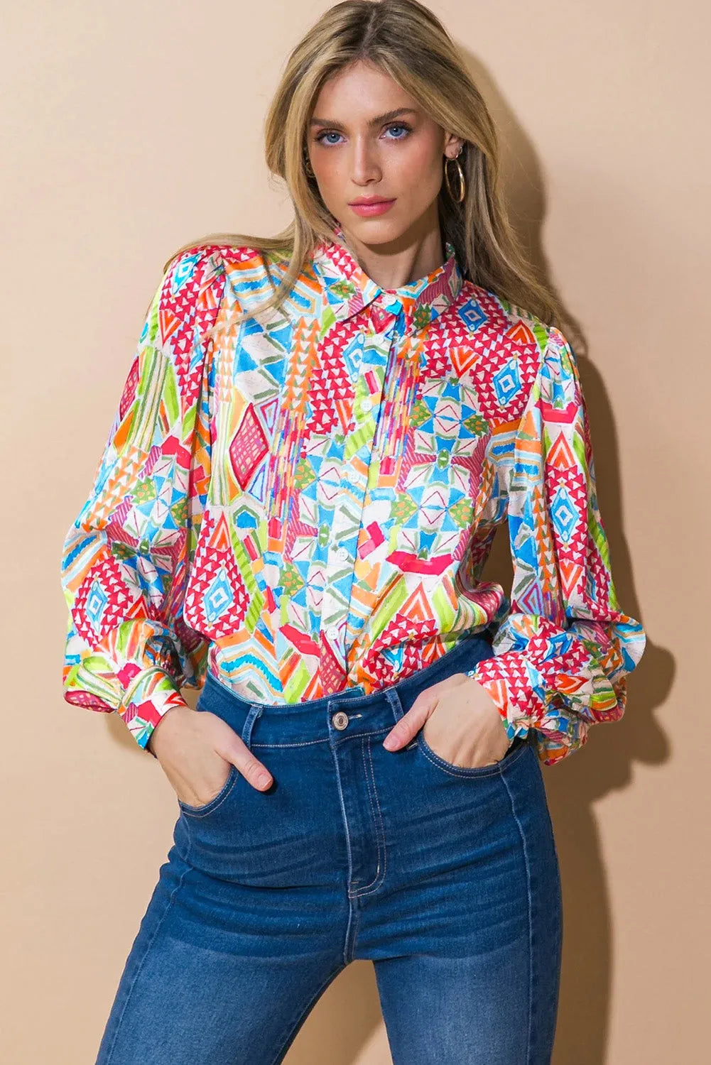 Multicolour Abstract Printed Long Sleeve Casual Shirt - Chic Meadow Boutique 