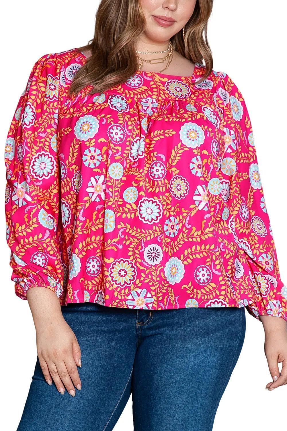 Plus Size/Plus Size Tops/Plus Size Blouses & Shirts Pink Plus Size Square Neck Floral Blouse