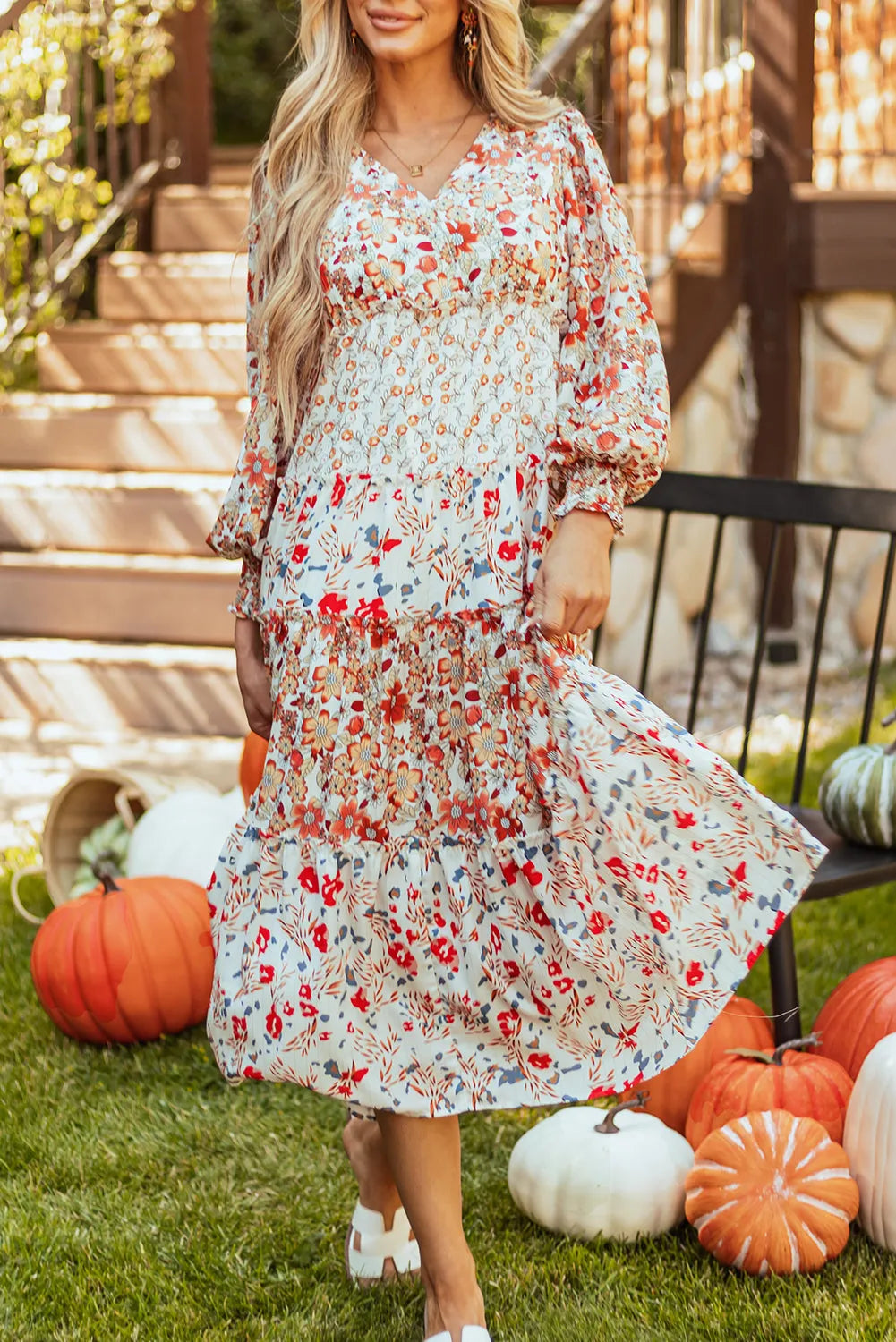 Khaki Floral Print Ruffled Tiered Long Sleeve V Neck Midi Dress - Chic Meadow Boutique 