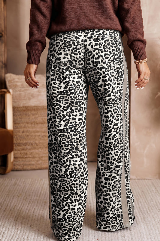 Khaki Leopard Print Drawstring Waist Straight Leg Jeans