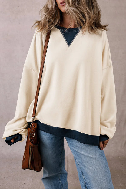 White Color Block Patch Drop Shoulder Oversized Sweatshirt - Chic Meadow Boutique 