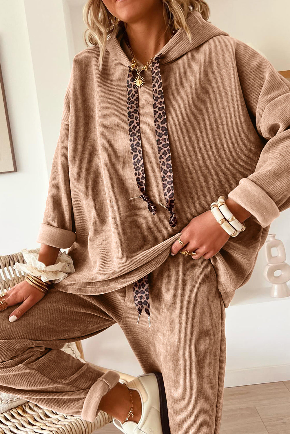 Dark Khaki Leopard Drawstring Pullover Hoodie and High Waist Pants Corduroy Suit