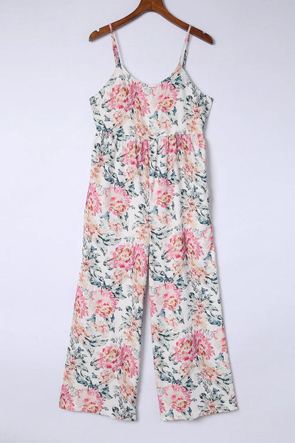 White Floral Spaghetti Straps Wide Leg Jumpsuit - Chic Meadow Boutique 