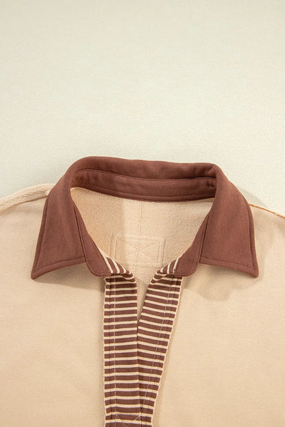 Light French Beige Striped Colorblock Patchwork Collar Sweatshirt - Chic Meadow Boutique 