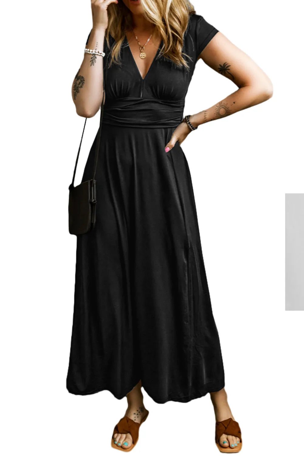 Black Short Sleeve Shirred High Waist V Neck Maxi Dress - Chic Meadow Boutique 