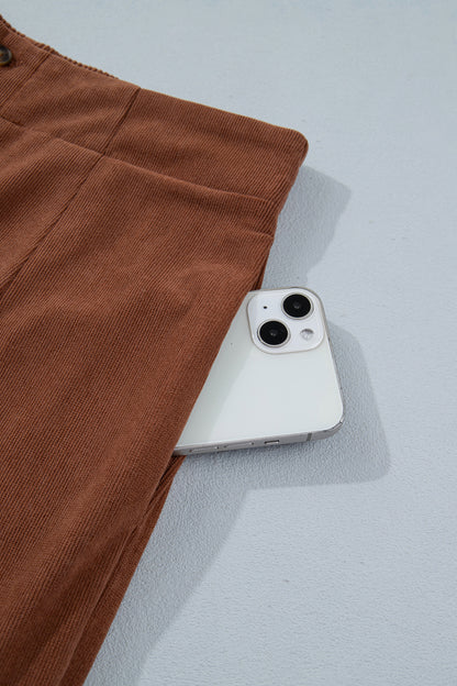 Coffee Elastic Waist Straight Leg Ankle Length Corduroy Pants