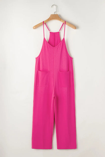 Rose Red Black Pocketed Adjustable Spaghetti Strap Straight Leg Jumpsuit - Chic Meadow Boutique 