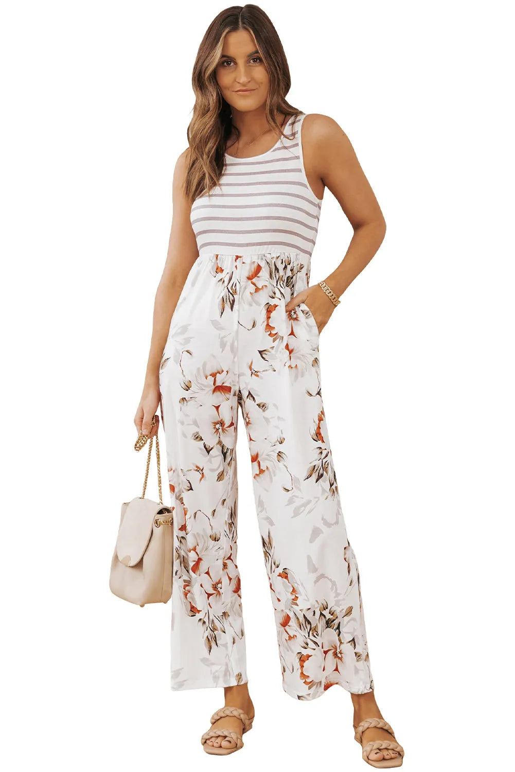 White Striped Floral Pocket Sleeveless Jumpsuit - Chic Meadow Boutique 