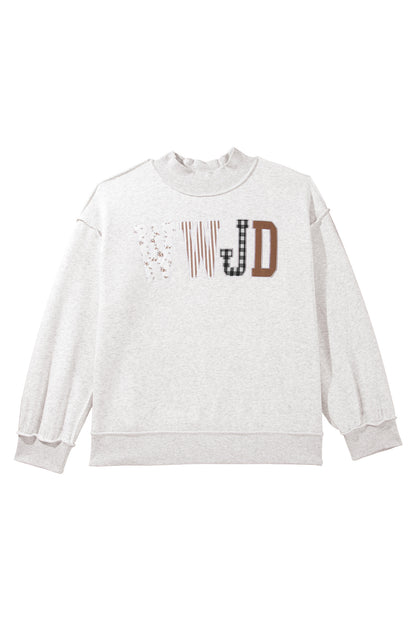 Gray WWJD Mix Pattern Letter Graphic Exposed Seam Loose Plus Size Sweatshirt